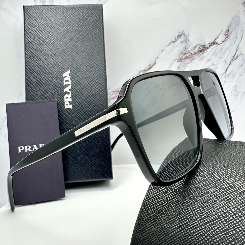 NEW PRADA Sunglasses Black Aviator Pilot 55-17mm Grey Lens Silver Logo